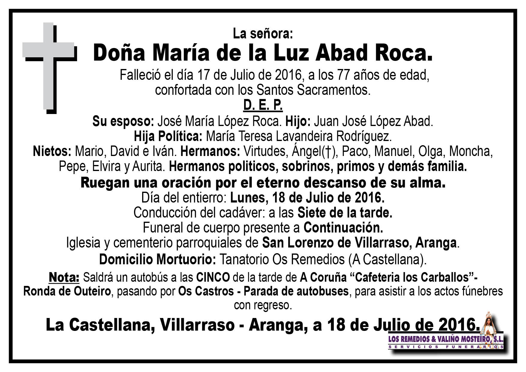 Esquela de María de la Luz Abad Roca.