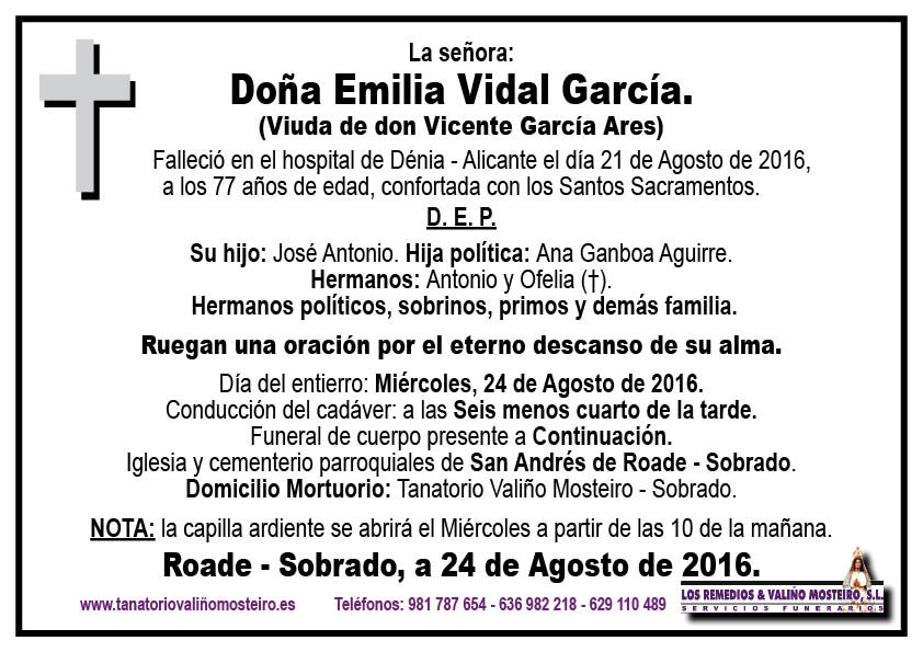Esquela de Emilia Vidal García.