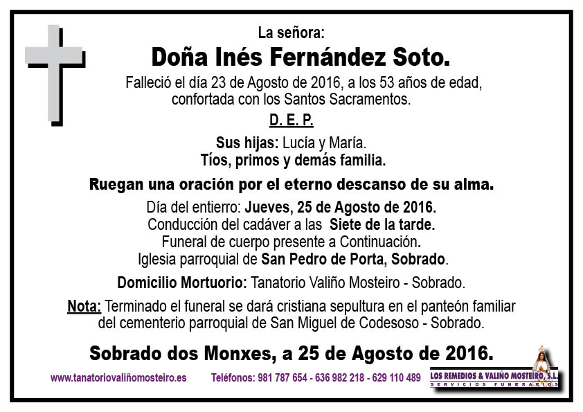 Esquela de Inés Fernández Soto.