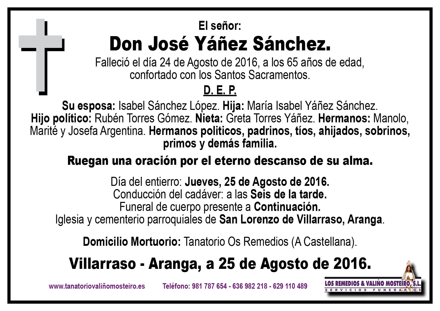 Esquela de José Yañez Sánchez.