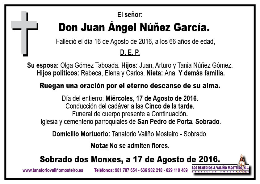 Esquela de Juan Ángel Núñez García.