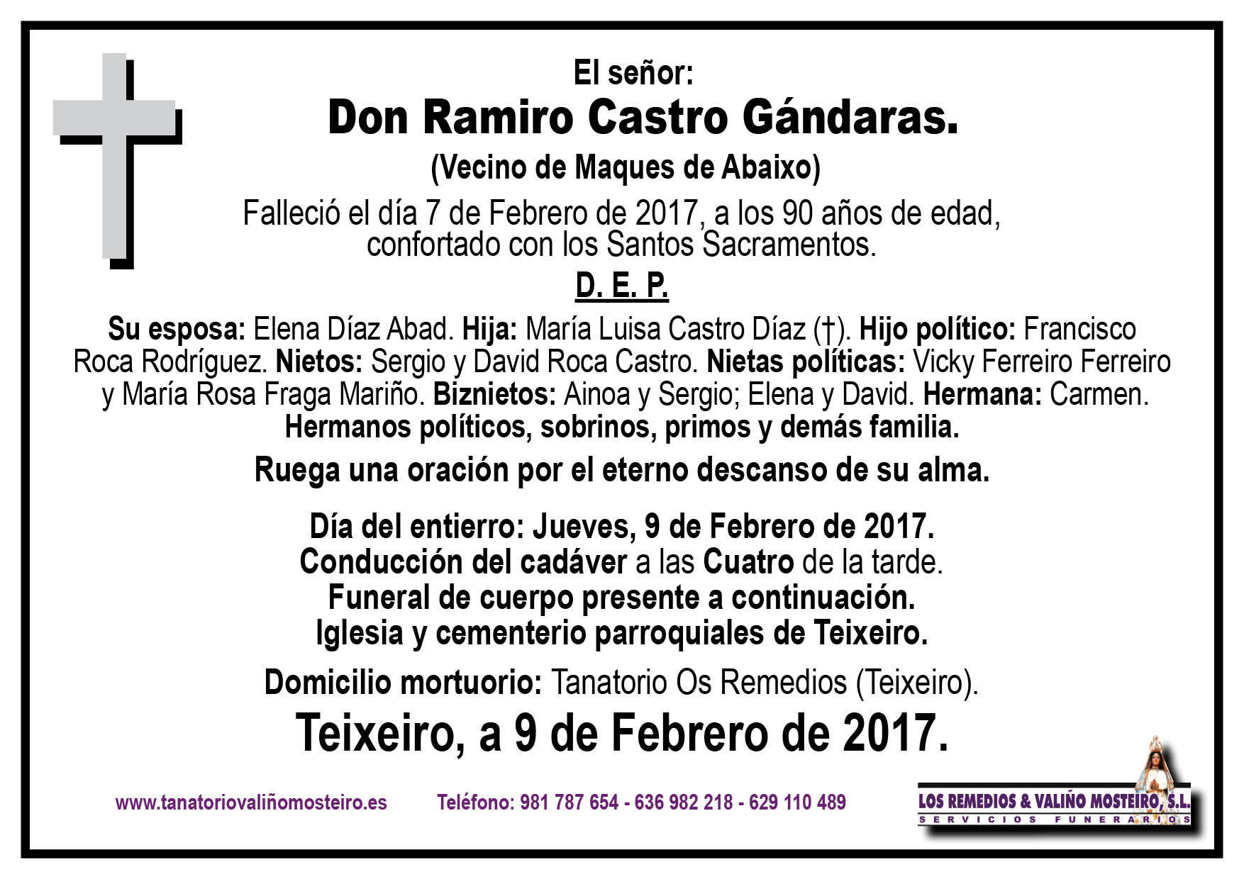 Esquela de Ramiro Castro Gándaras.