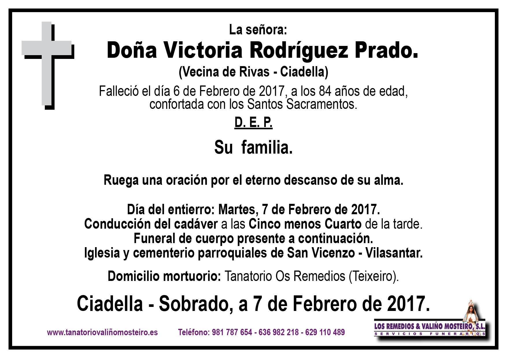 Esquela de Victoria Rodríguez Prado.