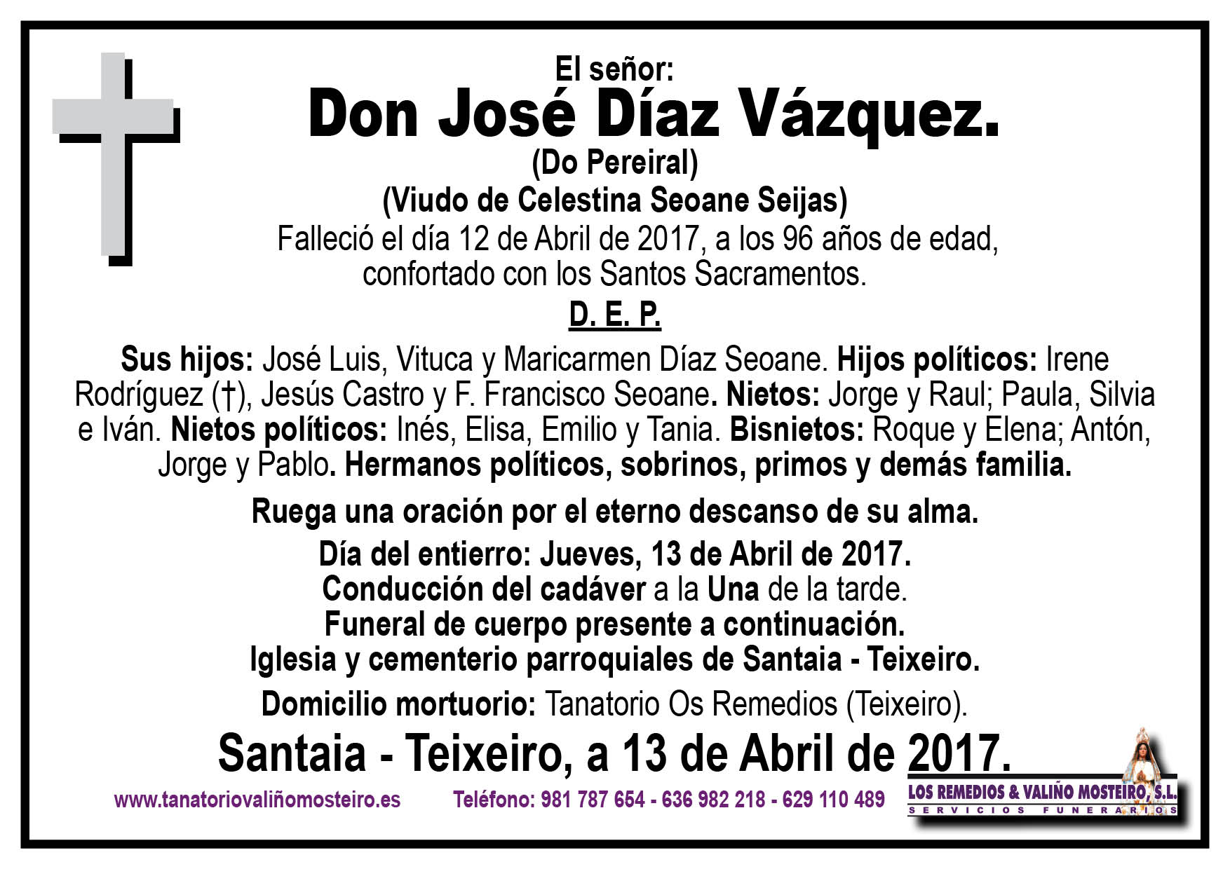 Esquela de José Díaz Vázquez.