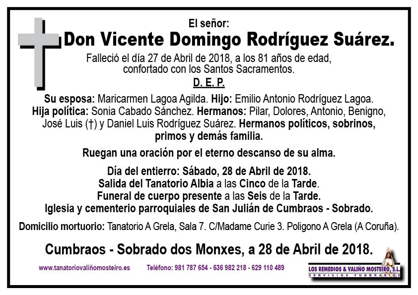 Esquela de Vicente Domingo Rodríguez Suárez.