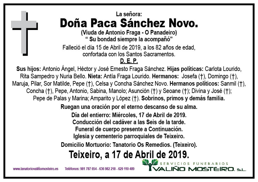 Esquela de Paca Sánchez Novo.