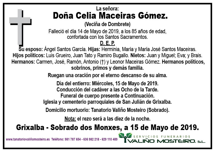 Esquela de Celia Maceiras Gómez.