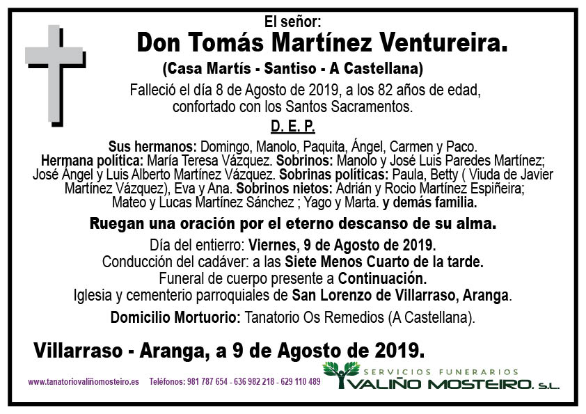 Esquela de Tomás Martínez Ventureira.