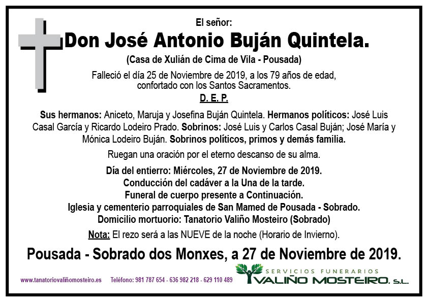 Esquela de José Antonio Buján Quintela.