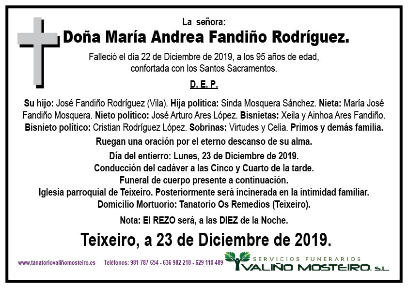 Esquela de María Andrea Fandiño Rodríguez.