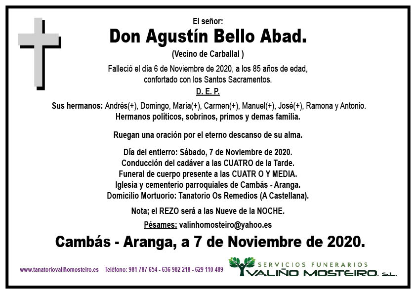 Esquela de Agustín Bello Abad.