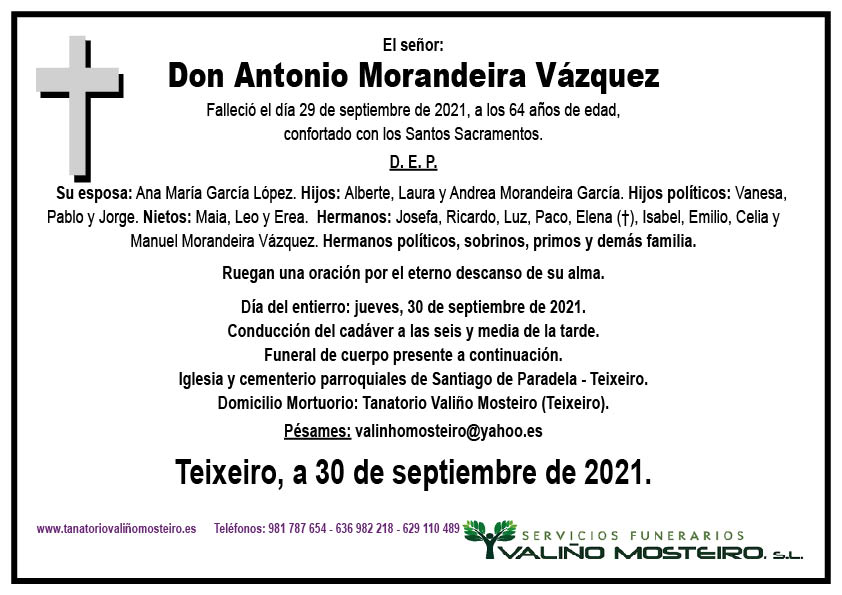 Esquela de Antonio Morandeira Vázquez.