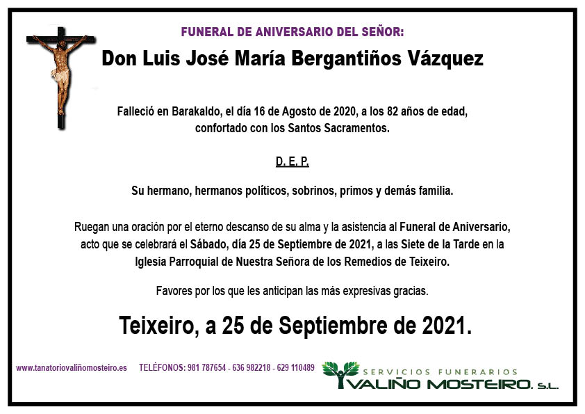 Esquela de Luis José María Bergantiños Vázquez.
