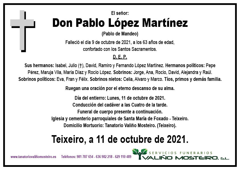 Esquela de Pablo López Martínez.