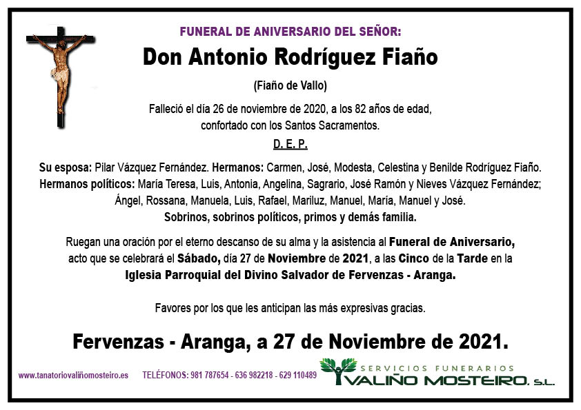 Esquela de Antonio Rodríguez Fiaño.