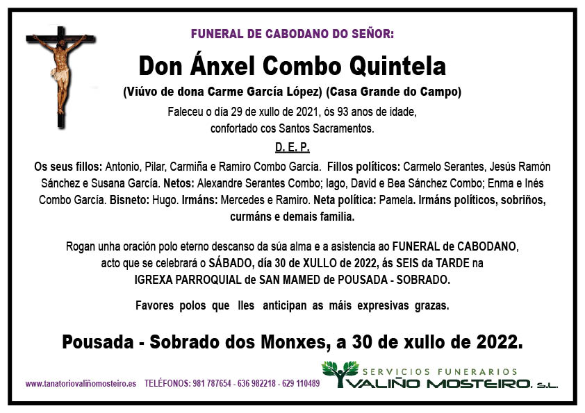 Esquela de Ánxel Combo Quintela.