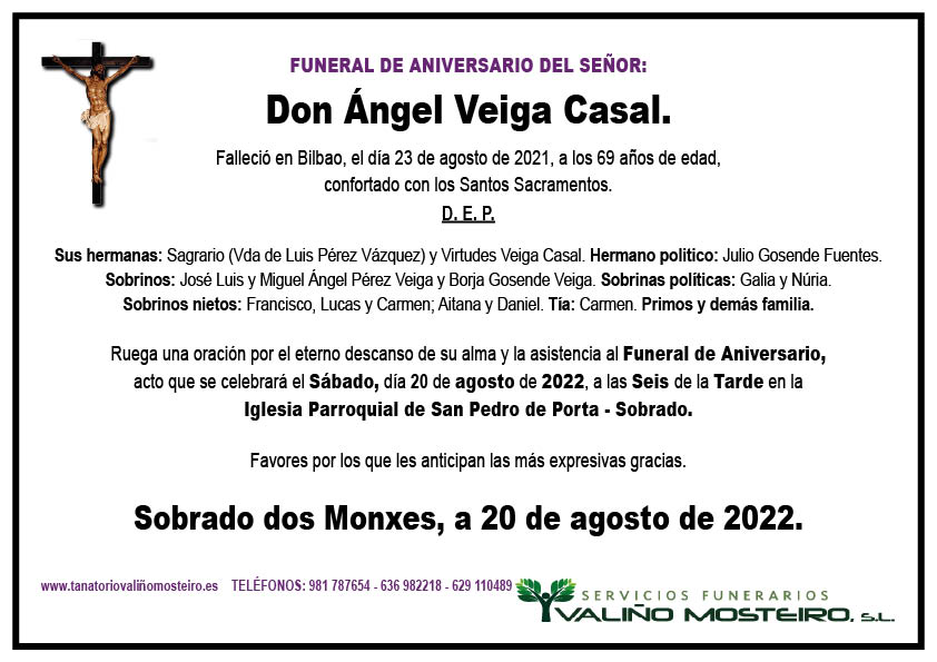 Esquela de Ángel Veiga Casal.