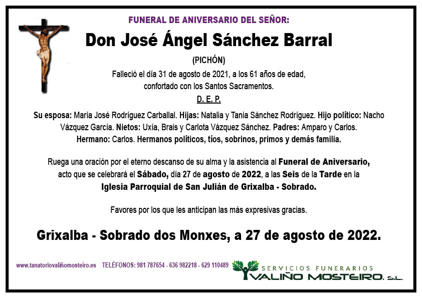 Esquela de José Ángel Sánchez Barral.