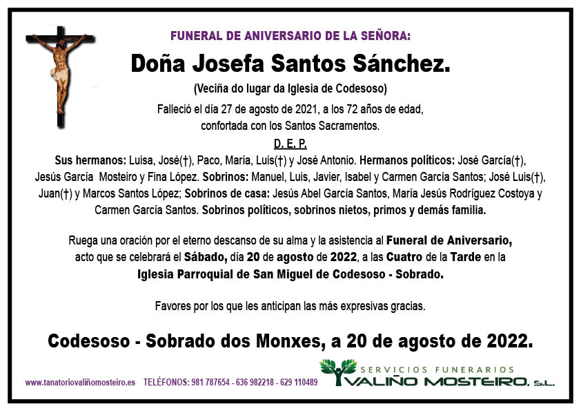 Esquela de Josefa Santos Sánchez.