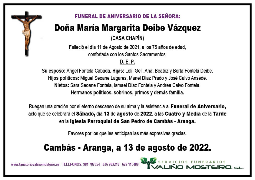 Esquela de María Margarita Deive Vázquez.