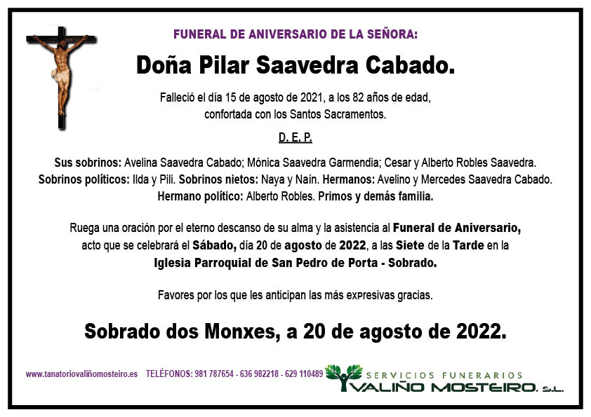 Esquela de Pilar Saavedra Cabado.