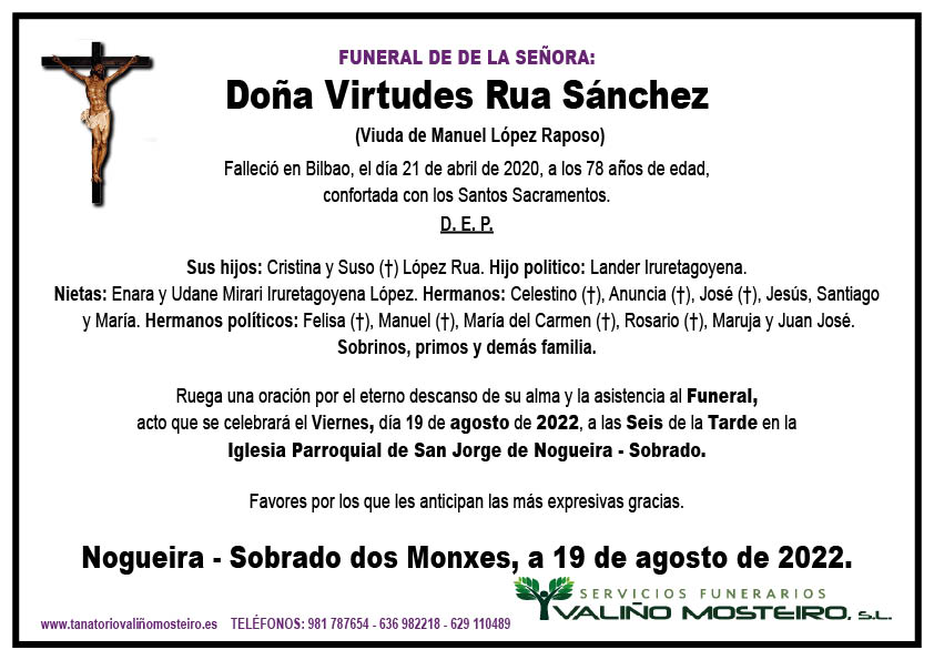 Esquela de Virtudes Rua Sánchez.