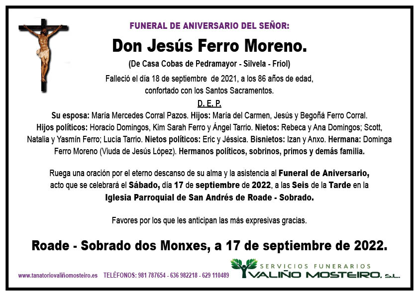 Esquela de Jesús Ferro Moreno.