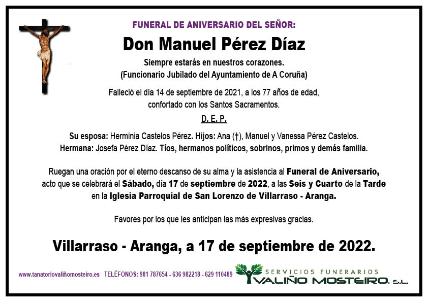 Esquela de Manuel Pérez Díaz.