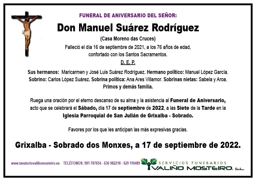 Esquela de Manuel Suárez Rodríguez.