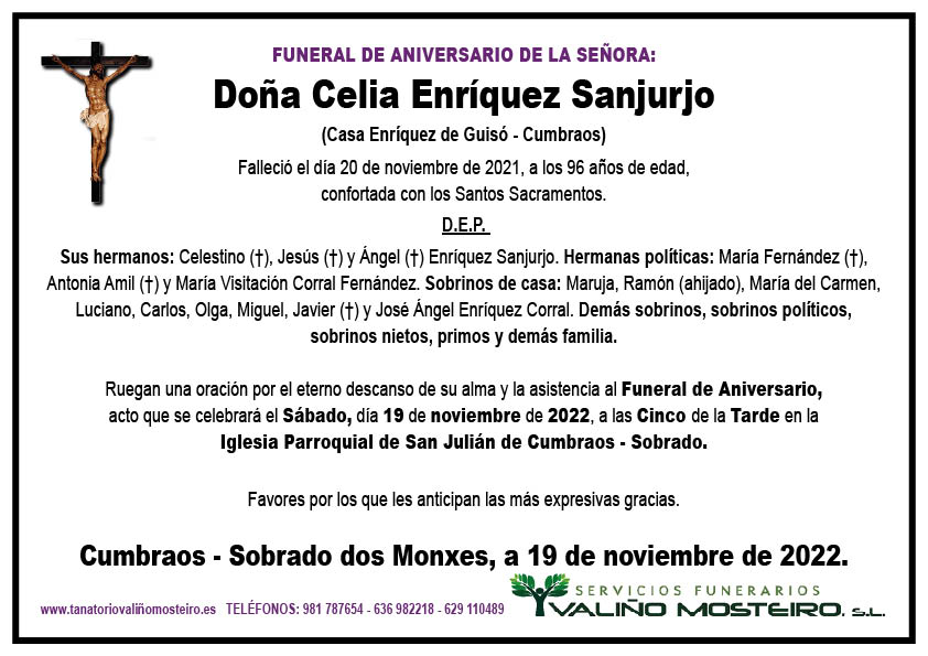 Esquela de Celia Enríquez Sanjurjo.