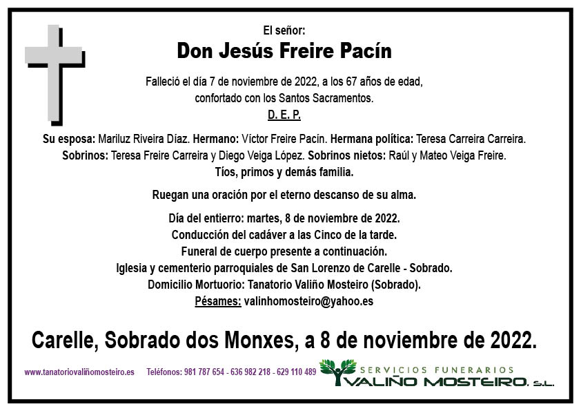Esquela de Jesús Freire Pacín.