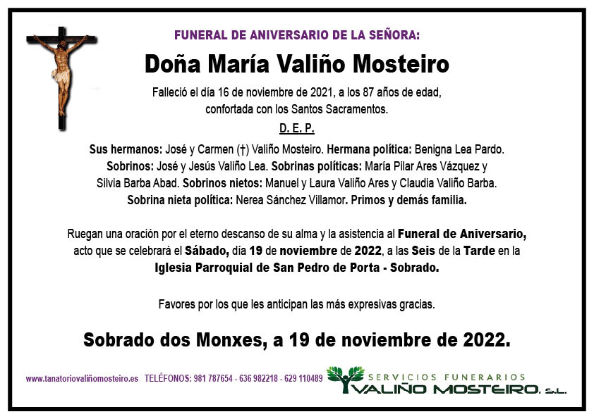 Esquela de María Valiño Mosteiro.