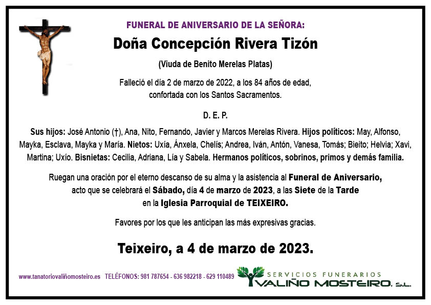 Esquela de Concepción Rivera Tizón.