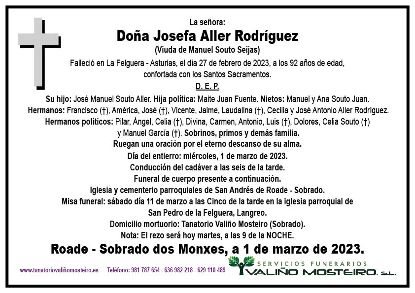 Esquela de Josefa Aller Rodríguez.