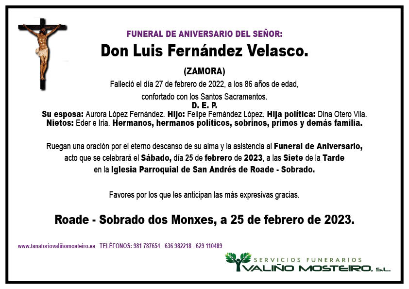 Esquela de Luis Fernández Velasco.