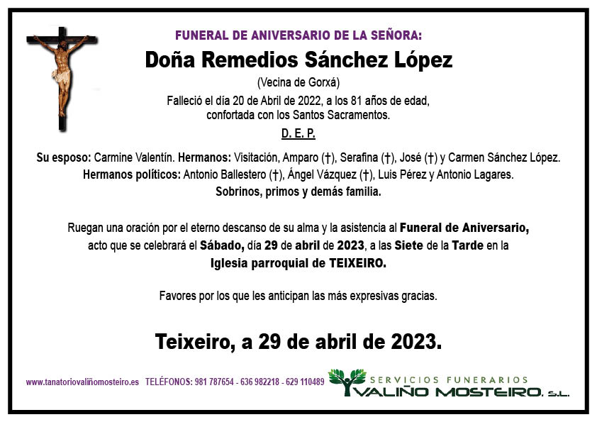 Esquela de Remedios Sánchez López.