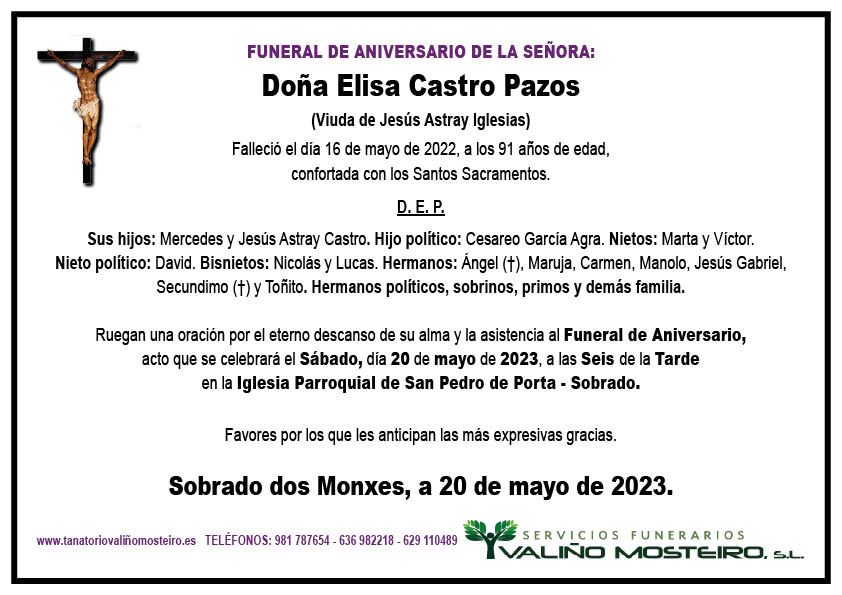 Esquela de Elisa Castro Pazos.