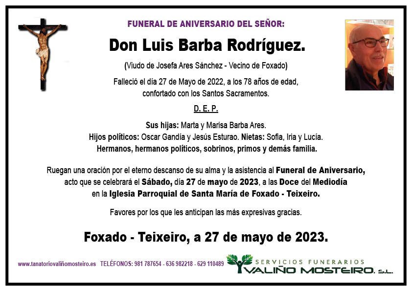 Esquela de Luis Barba Rodríguez.