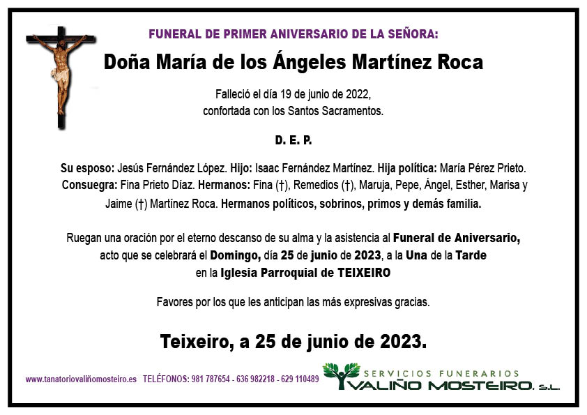 Esquela de María de los Ángeles Martínez Roca.