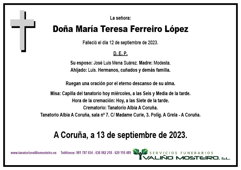 Esquela de María Teresa Ferreiro López.
