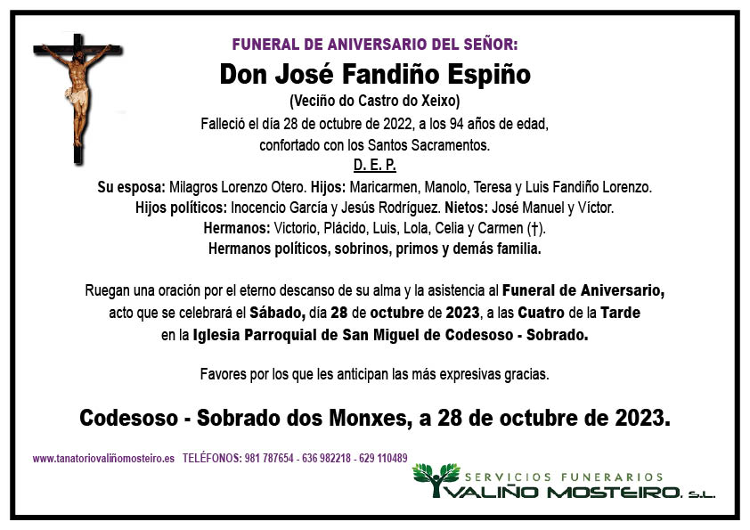 Esquela de José Fandiño Espiño.