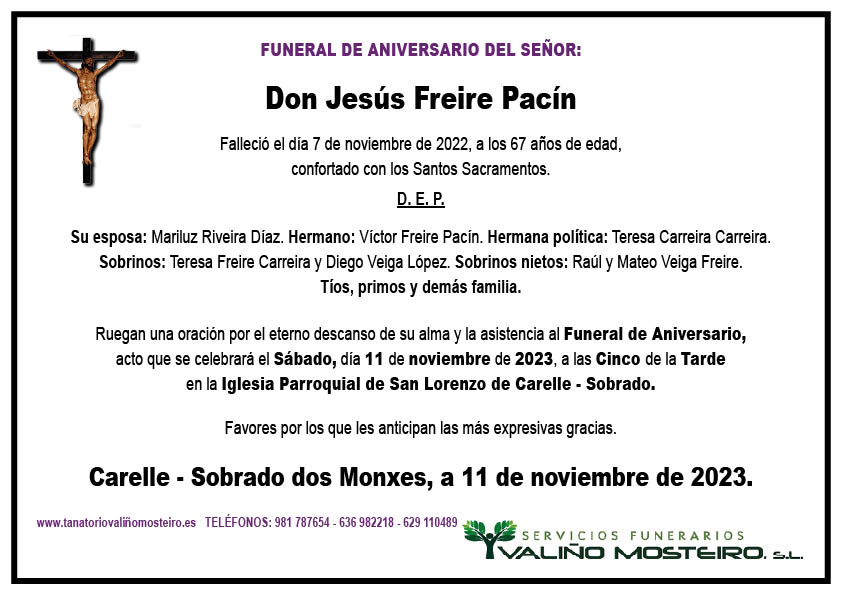 Esquela de Jesús Freire Pacín.