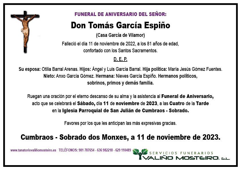 Esquela de Tomás García Espiño.