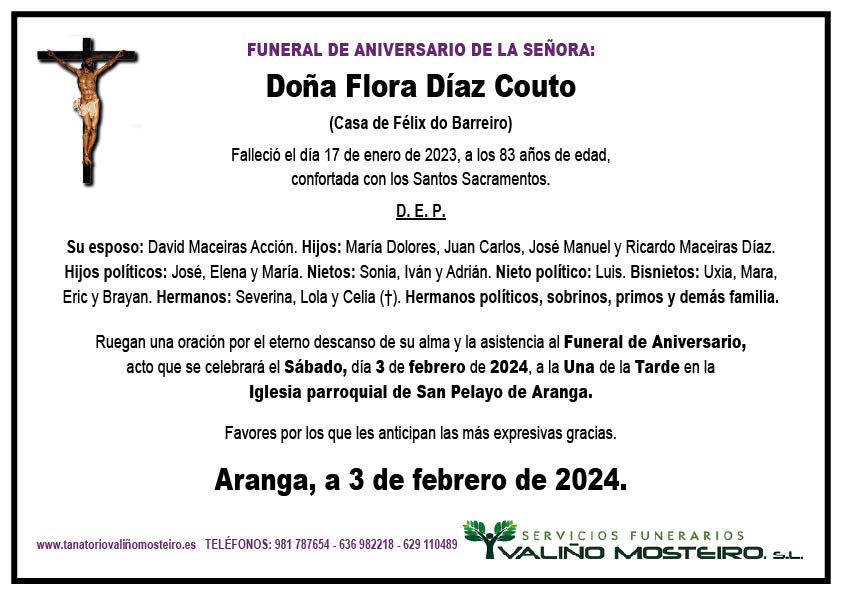 Esquela de Flora Díaz Couto.