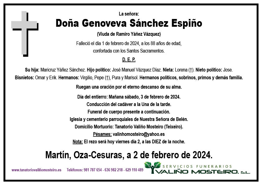 Esquela de Genoveva Sánchez Espiño.