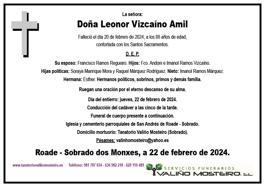 Esquela de Leonor Vizcaíno Amil.