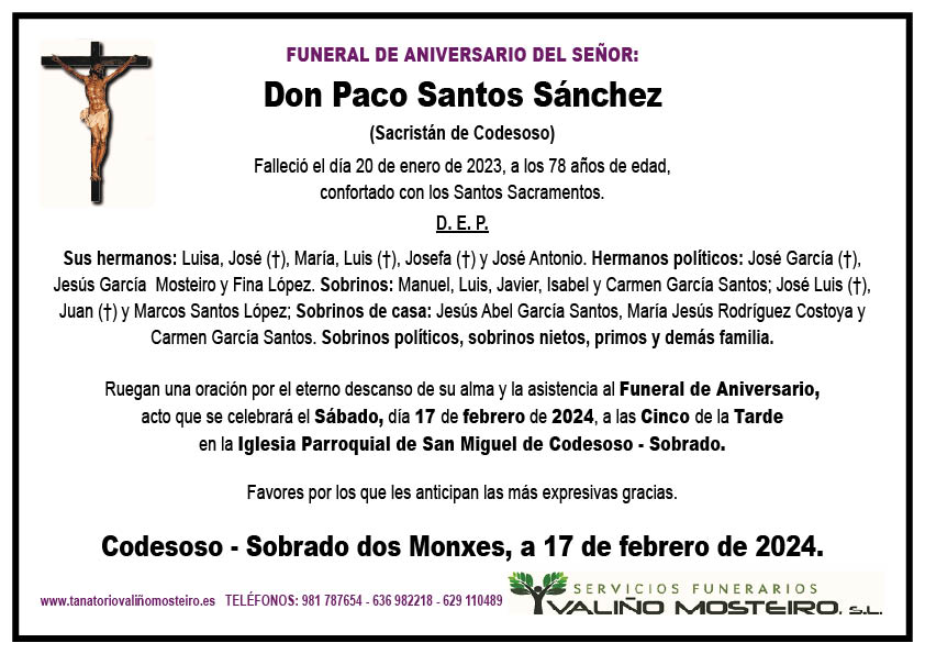 Esquela de Paco Santos Sánchez.