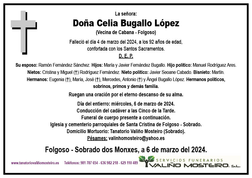 Esquela de Celia Bugallo López.