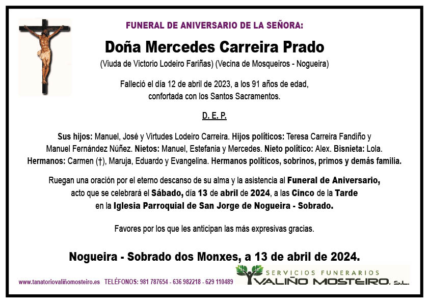 Esquela de Mercedes Carreira Prado.
