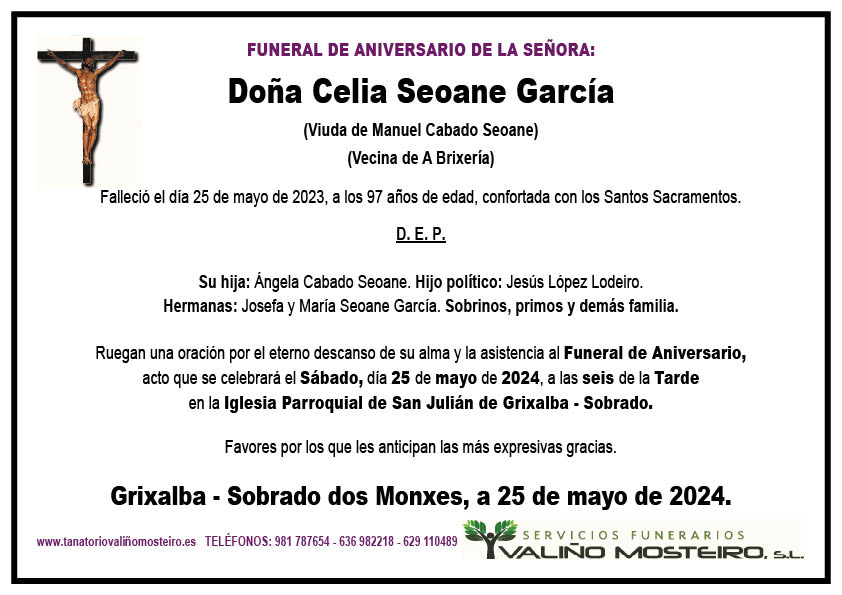 Esquela de Celia Seoane García.